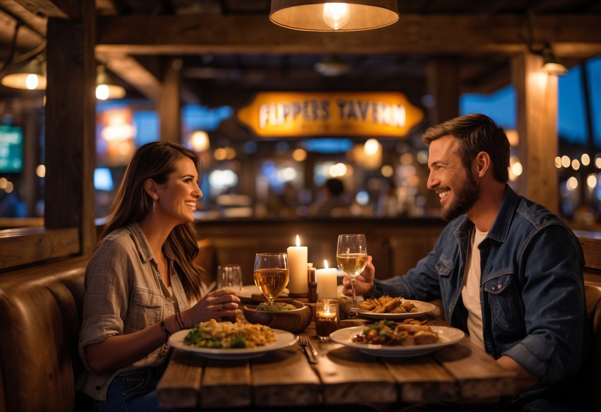 A couple enjoying a cozy dinner together at a wooden table inside a warmly lit tavern.