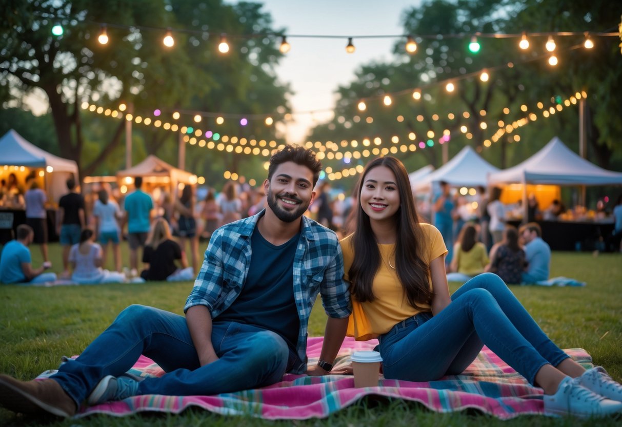 A young couple sitting on a picnic blanket at an outdoor community event with musicians performing on a stage and other people around them.