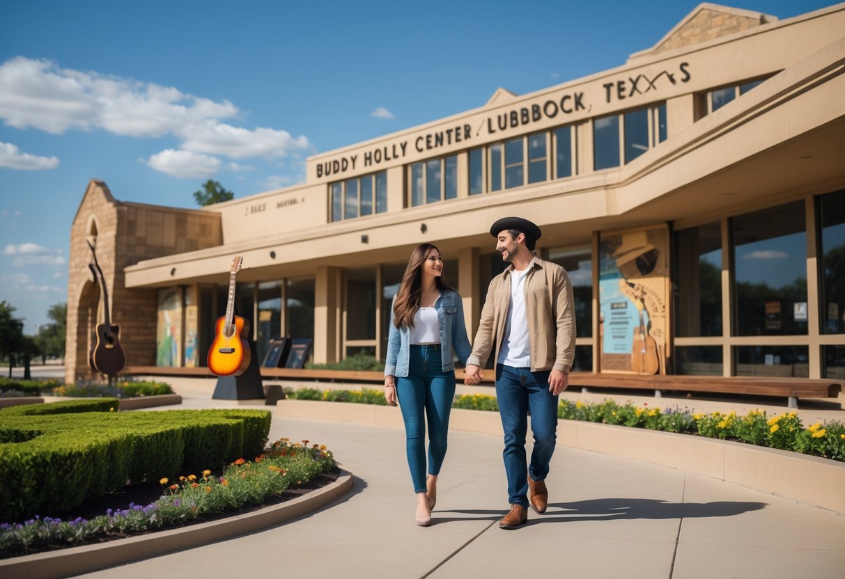 A young couple walking hand-in-hand outside the Buddy Holly Center museum on a sunny day.