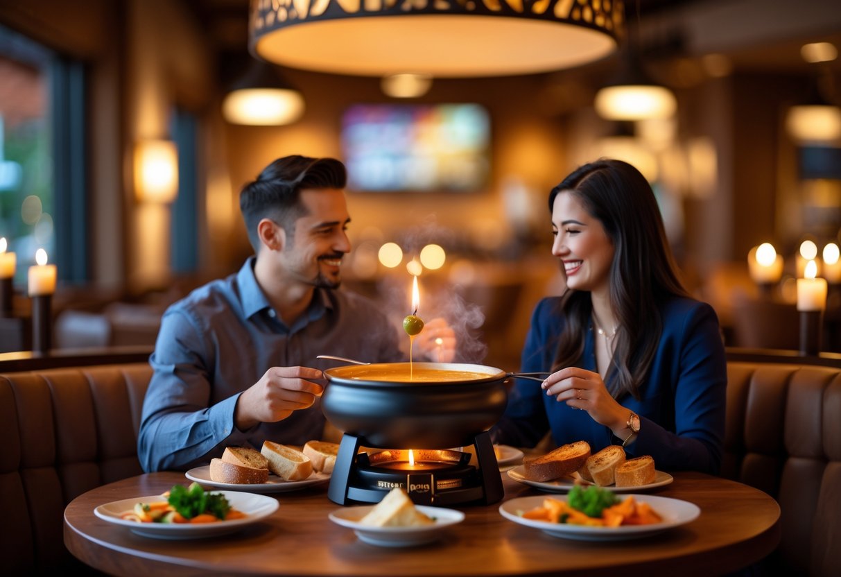 A couple enjoying a fondue dinner together at a warmly lit restaurant table.