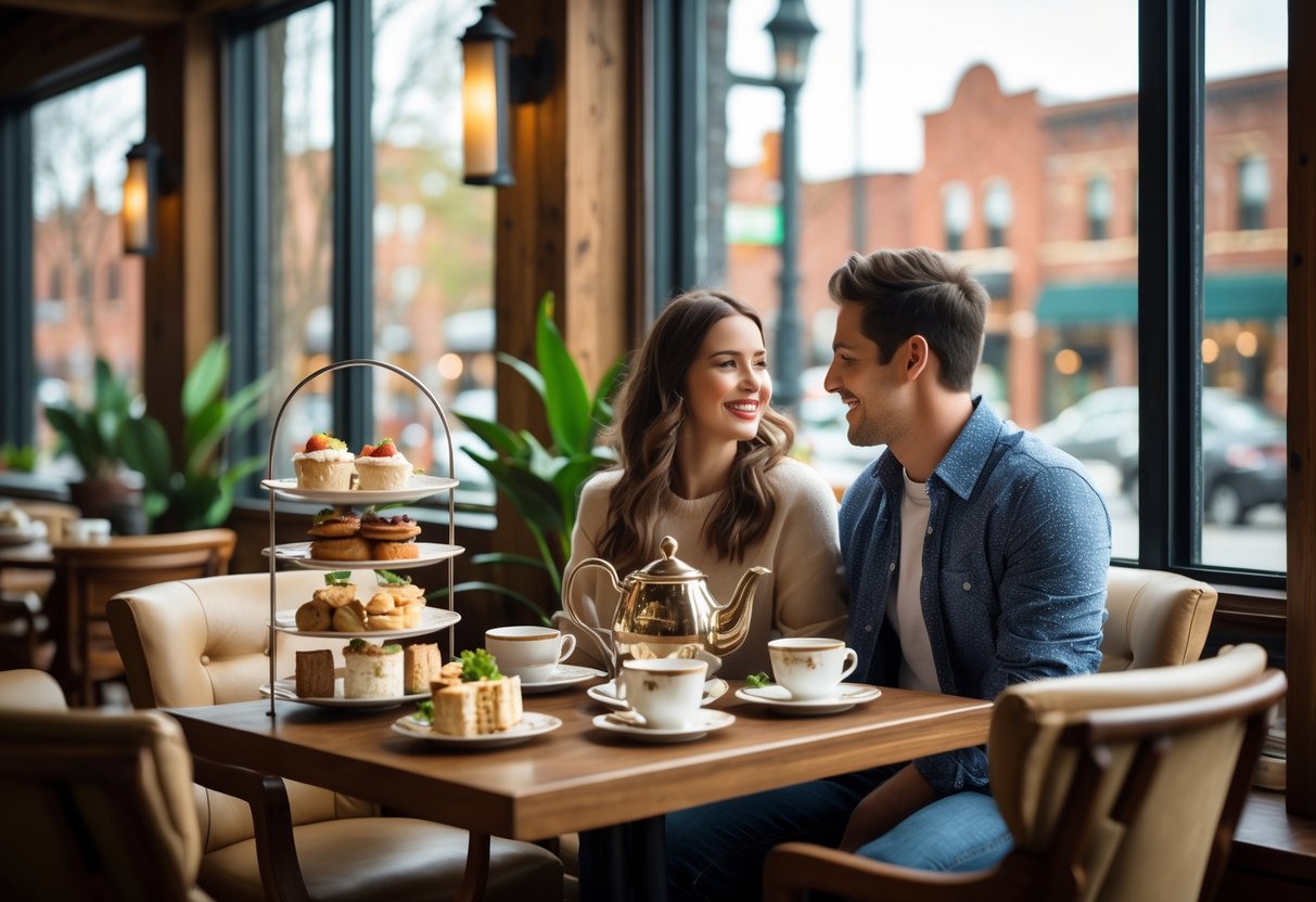 A couple enjoying afternoon tea at a cozy café table with pastries and teacups in a warm, inviting setting.