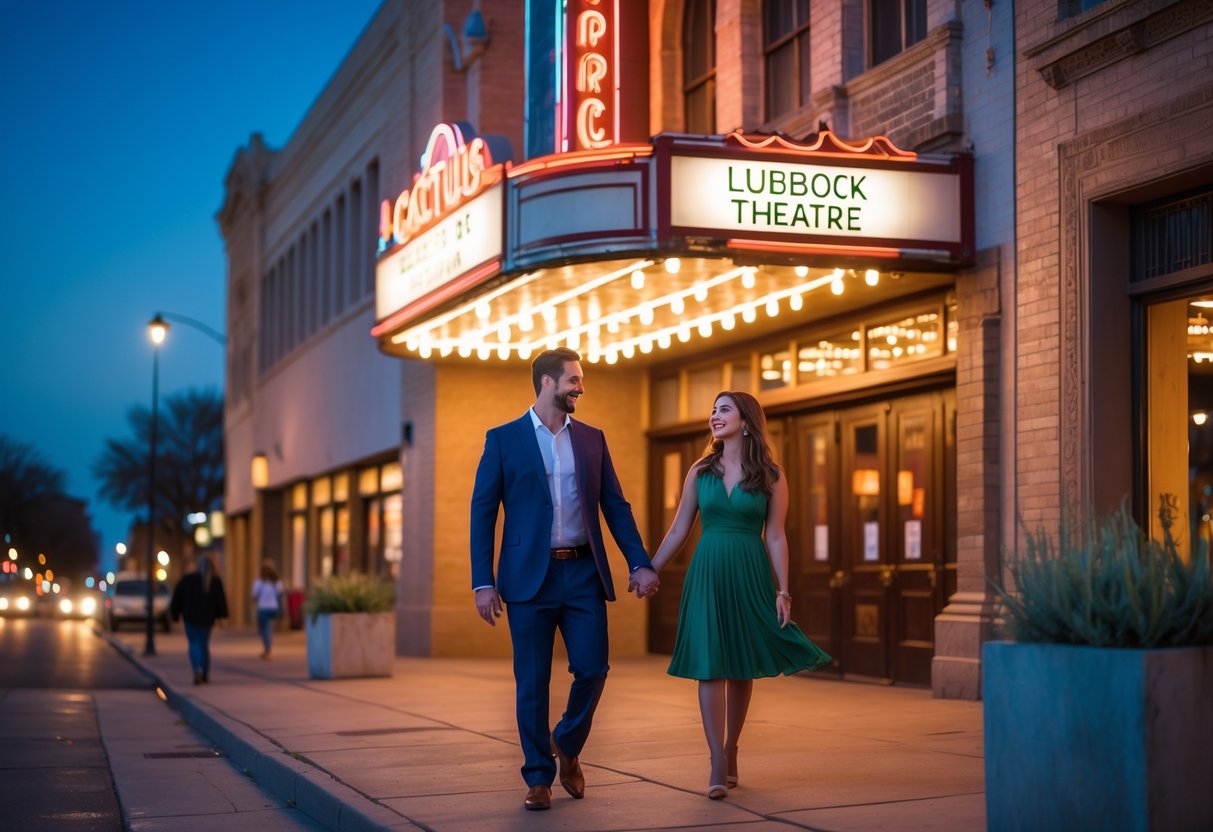 A couple holding hands and walking toward the entrance of the Cactus Theatre in Lubbock, Texas, during the evening.