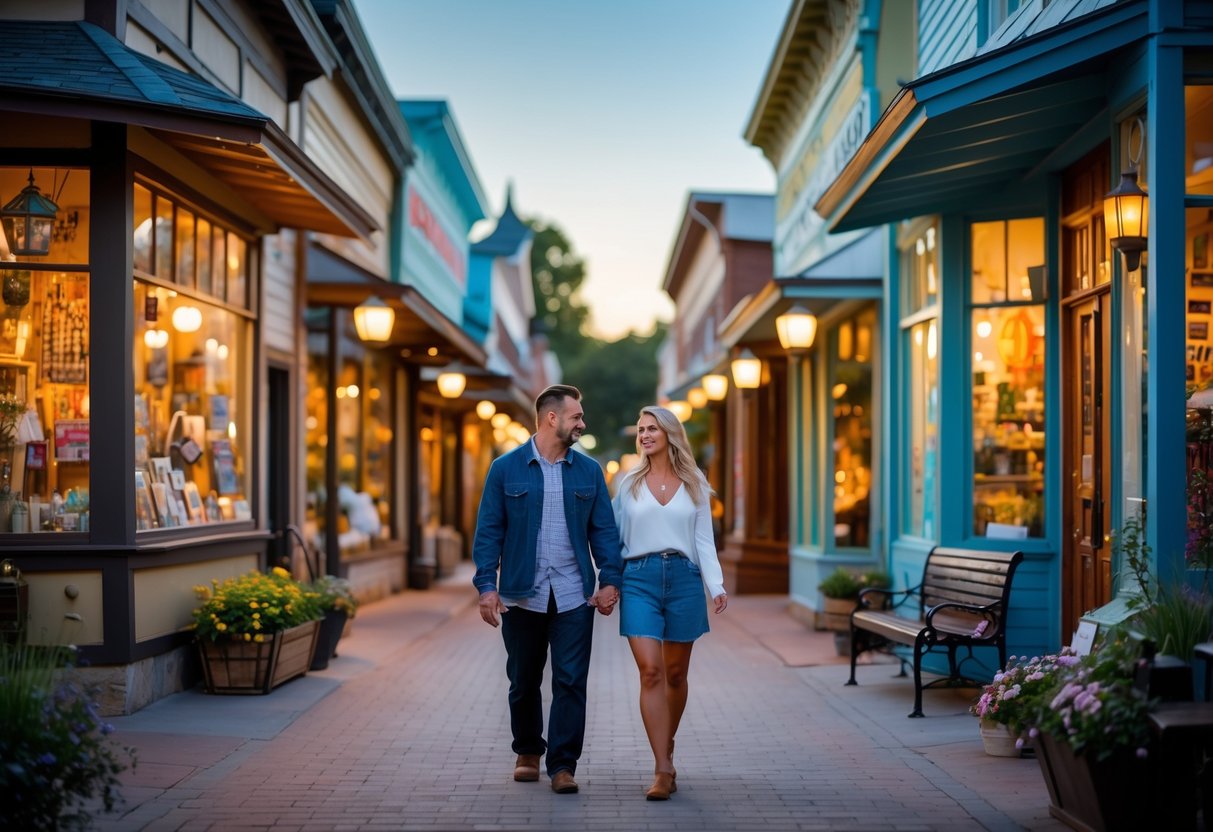A couple walking hand-in-hand along a street lined with unique shops at dusk.