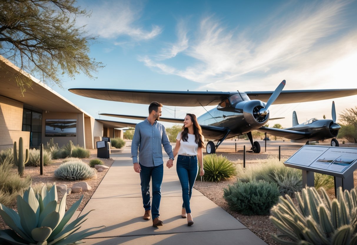 A young couple walking hand-in-hand outdoors near historic gliders at the Silent Wings Museum in Lubbock, Texas.