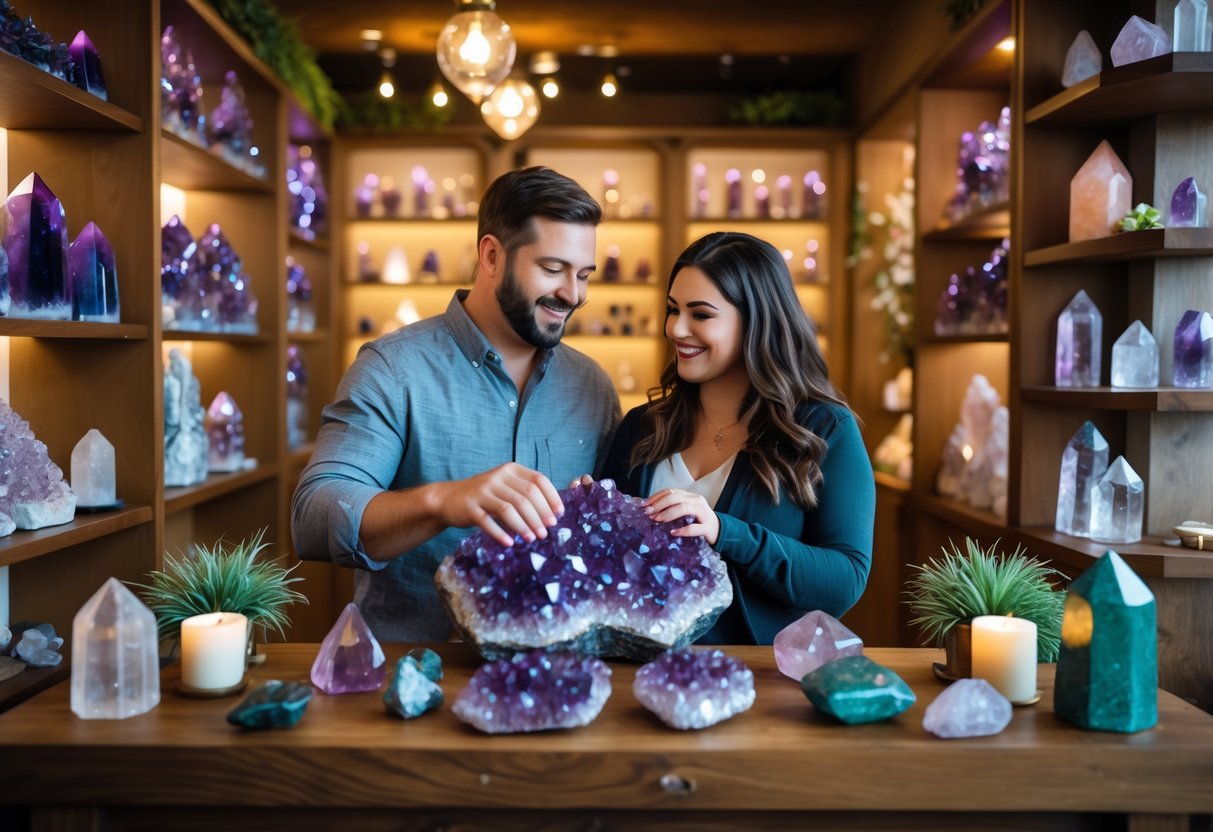 A couple examining crystals together inside a crystal shop filled with colorful stones and warm lighting.
