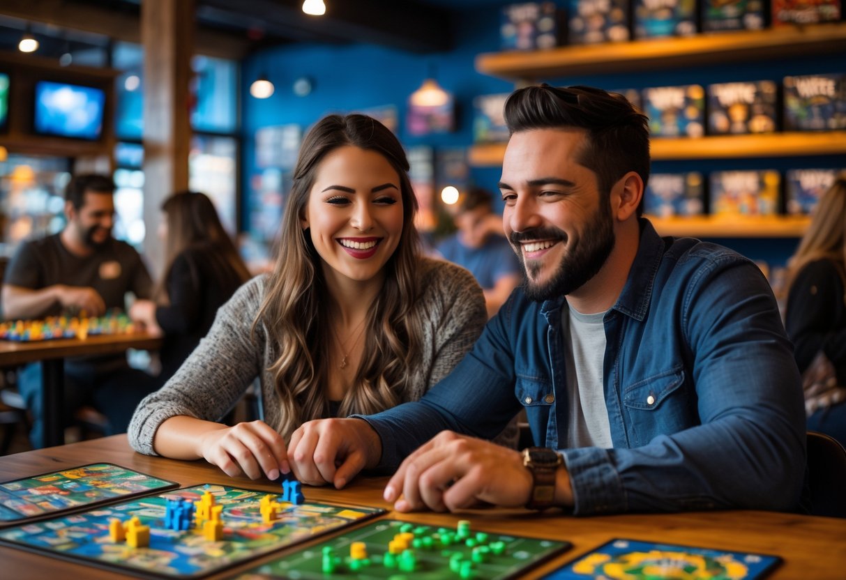 A couple playing a board game together at a table in an indoor gaming venue.