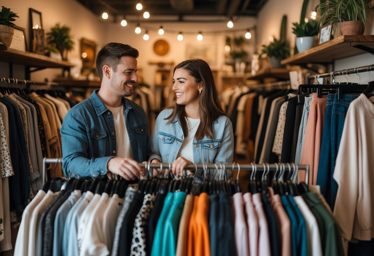 A young couple browsing clothes in a consignment shop during a date night.