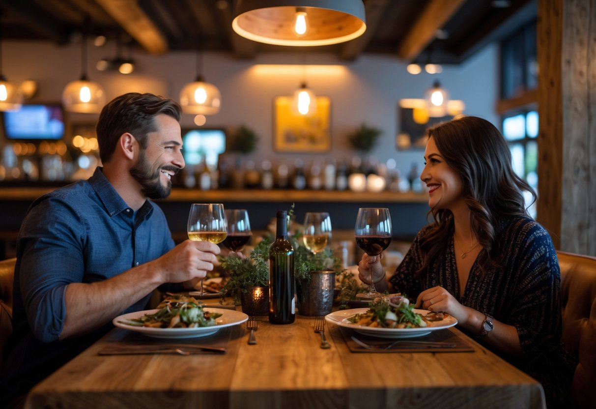 A couple enjoying a romantic dinner at a cozy restaurant table with warm lighting and elegant decor.