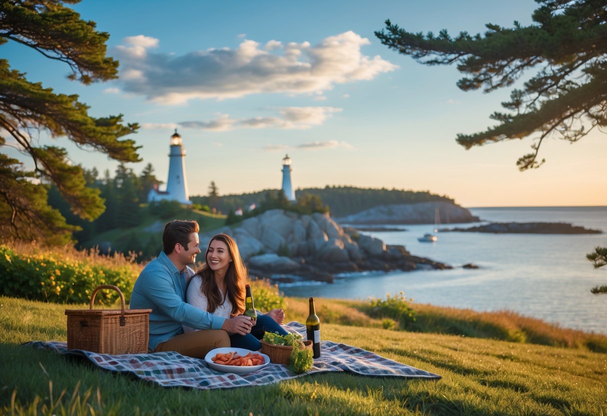A couple having a picnic on a grassy hill overlooking the rocky Maine coastline with a lighthouse and sailboat in the background.