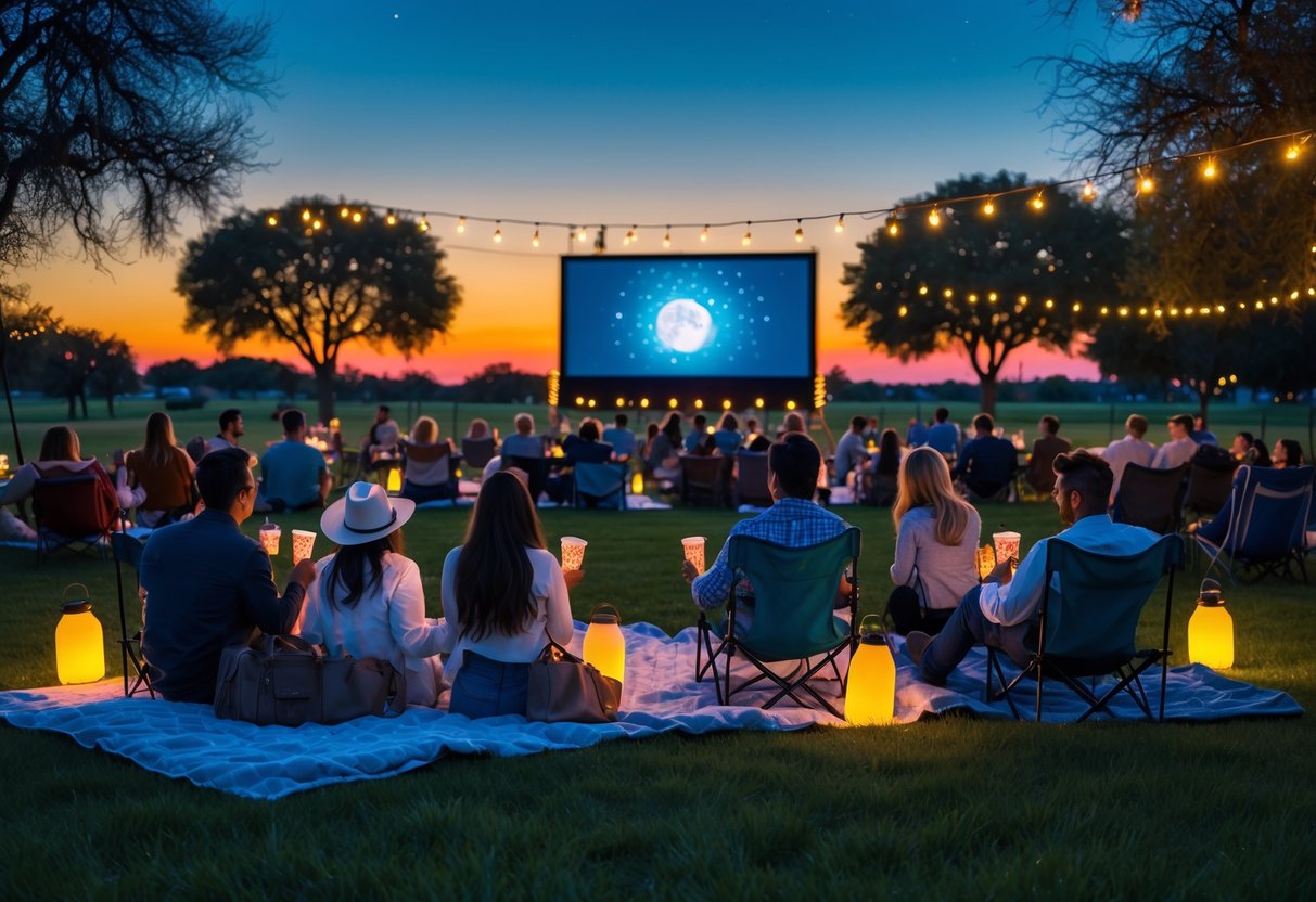 Couples and friends watching an outdoor movie on a large screen at Lubbock Moonlight Musicals during sunset, seated on blankets and chairs on a grassy area with string lights overhead.
