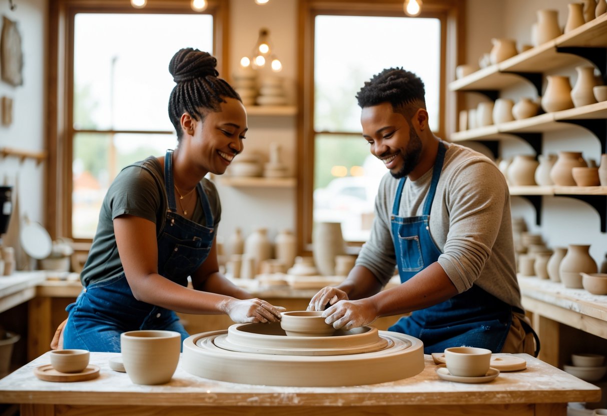 A couple shaping clay together on a pottery wheel in a bright pottery studio.