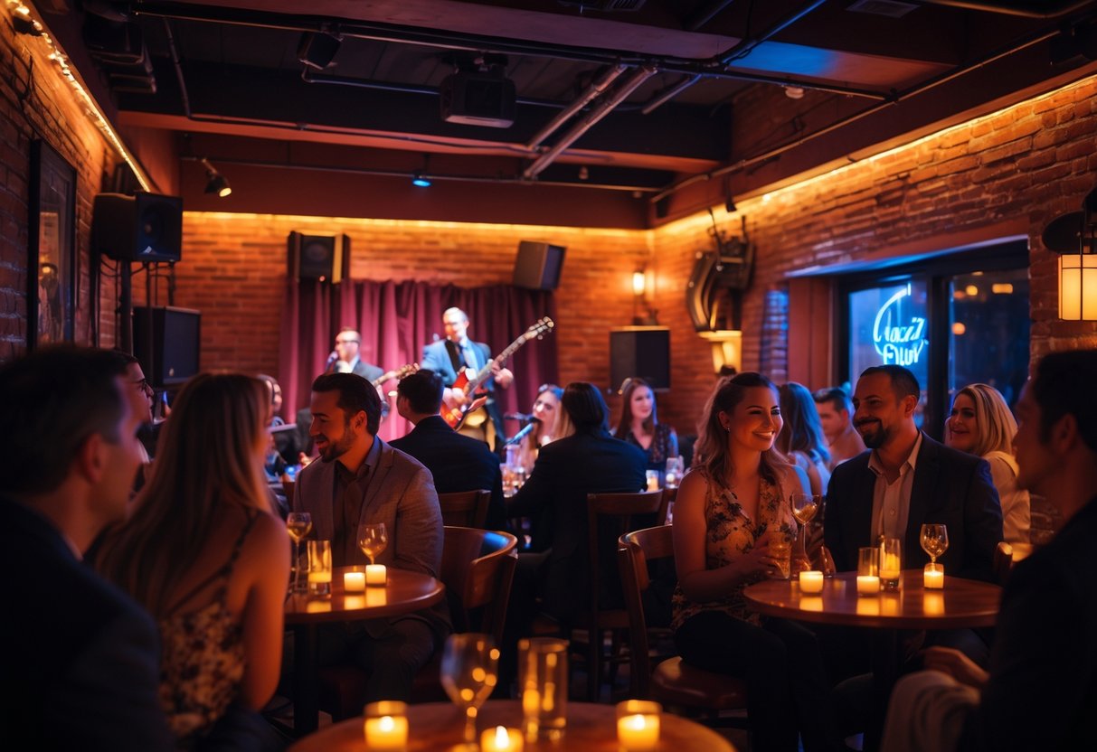 Couples enjoying live jazz music in a cozy club with warm lighting and intimate atmosphere.