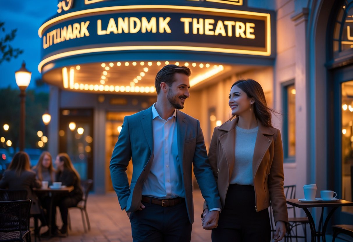 A young couple walking hand in hand outside the Landmark Theatre at night, with warm lights and a small outdoor cafe nearby.