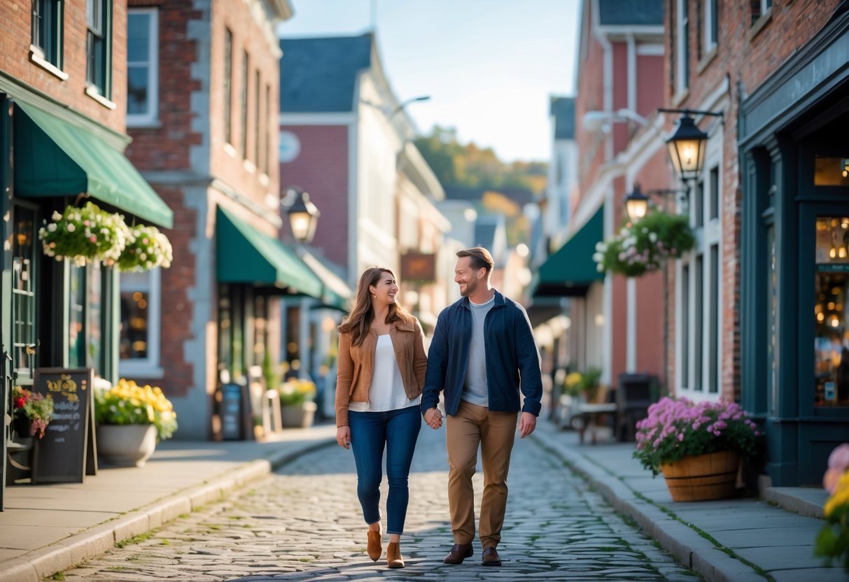 A couple walking hand-in-hand along cobblestone streets lined with brick buildings and flowers in Old Port, Maine.