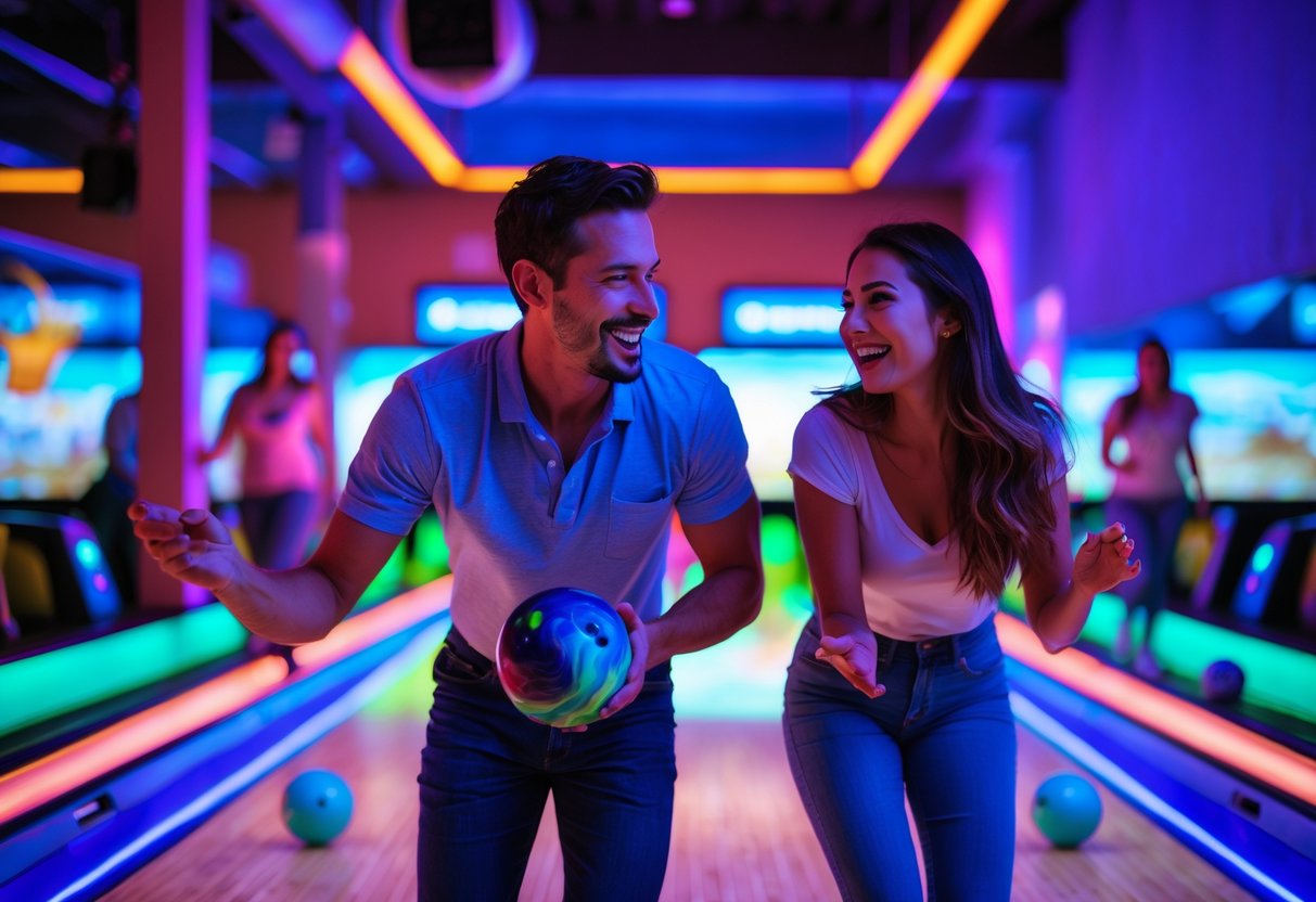 A couple bowling under colorful neon lights at a glow-in-the-dark bowling alley.