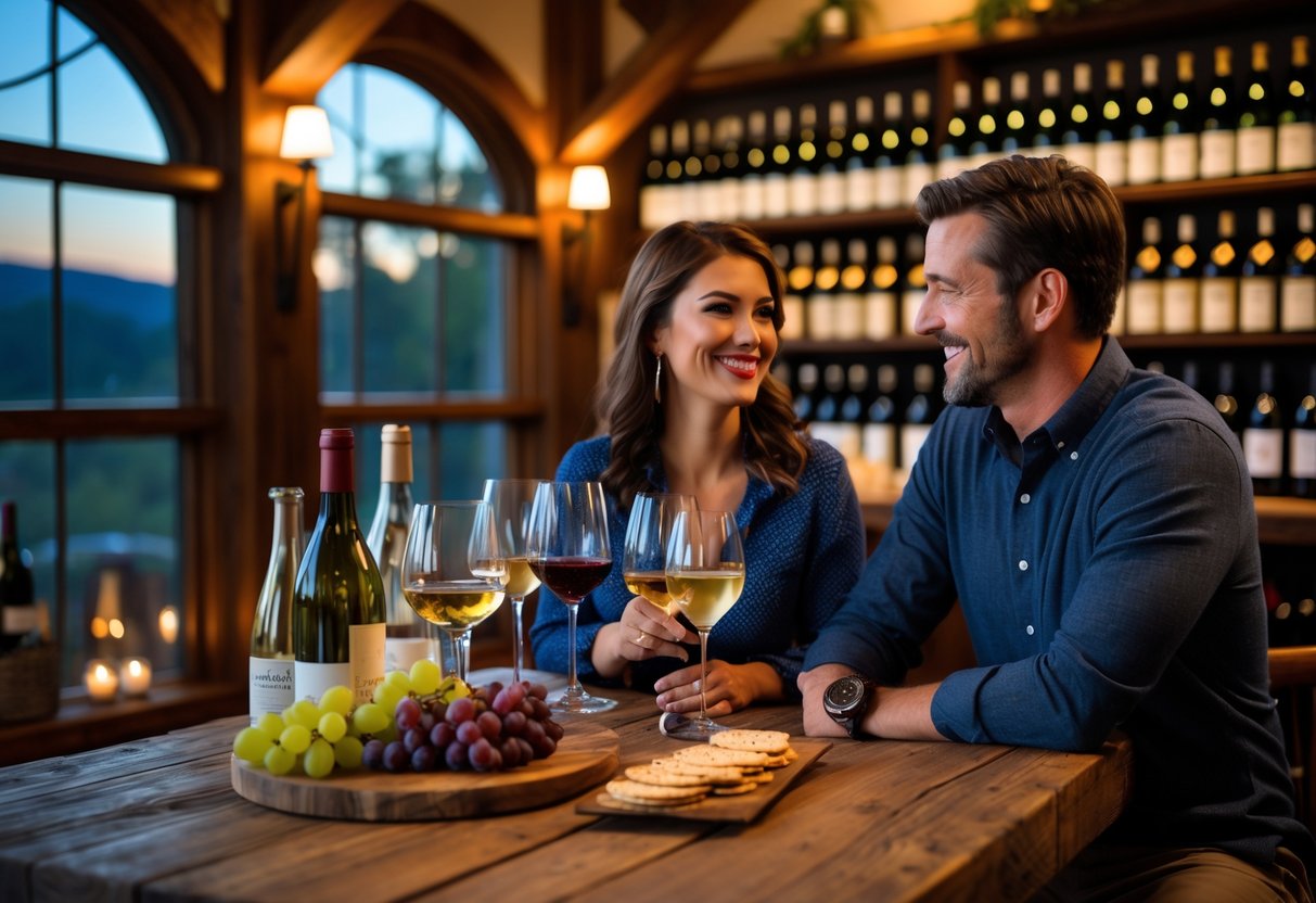 A couple enjoying wine tasting together at a winery table with wine glasses and a cheese platter.