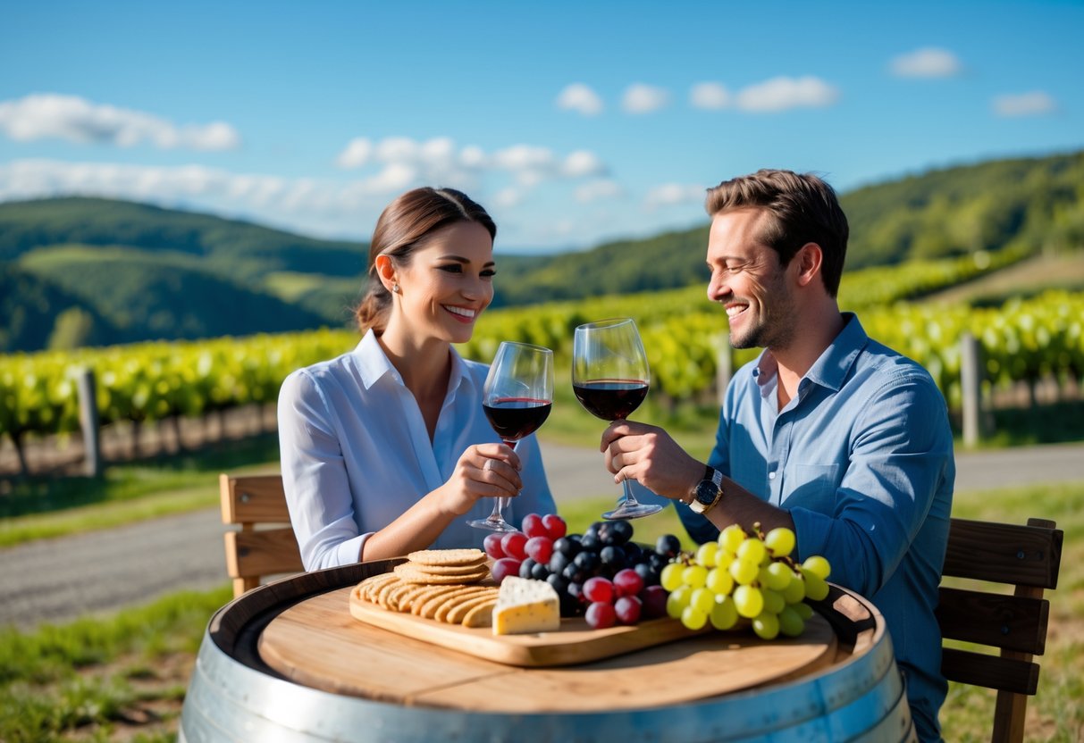 A couple enjoying wine tasting outdoors at a winery surrounded by vineyards and hills.