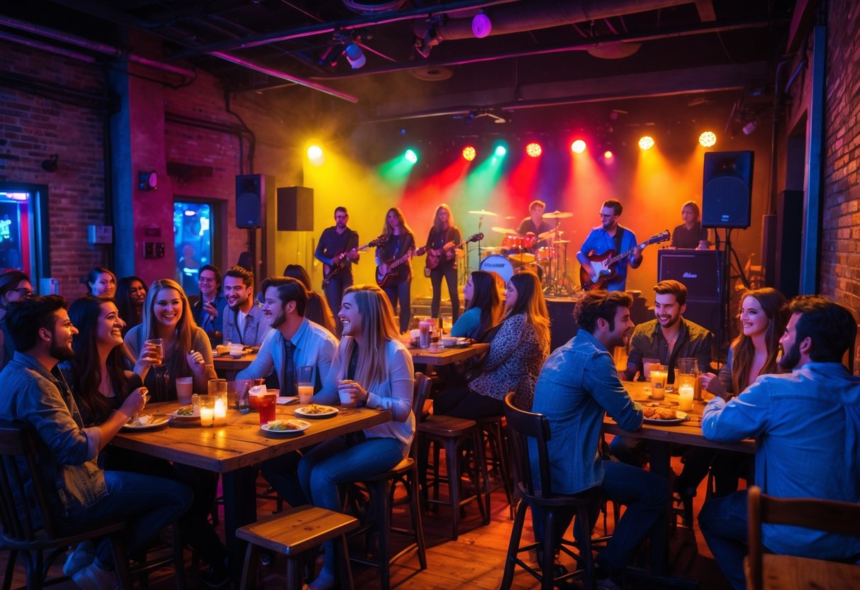 Couples and friends enjoying live music at a busy indoor venue with a band performing on stage.