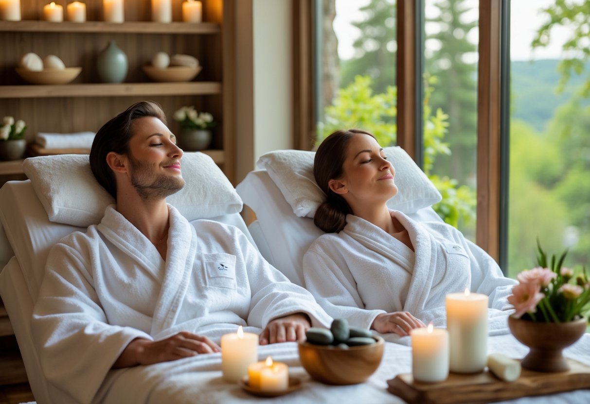 A couple relaxing side by side on massage tables in a bright spa room with natural light and spa accessories nearby.