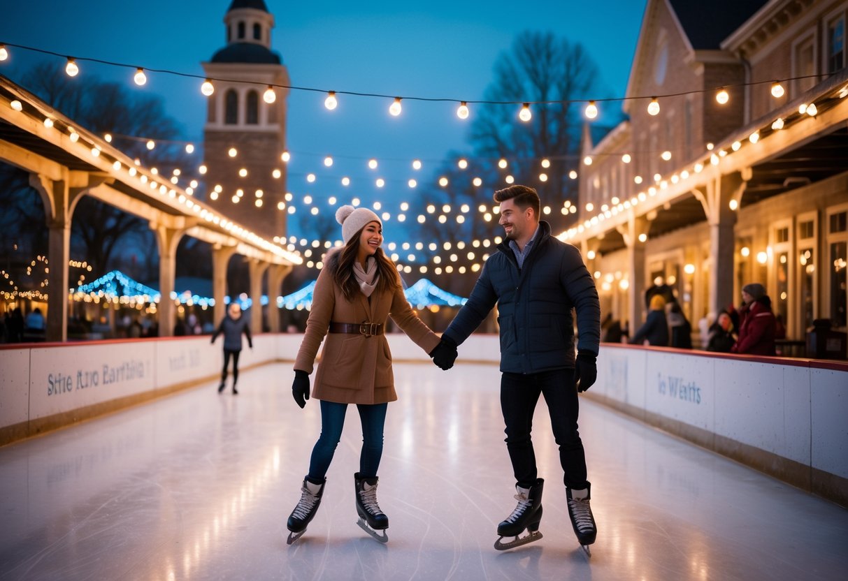 A young couple ice skating hand in hand at an outdoor rink in front of a historic town hall building during the evening.
