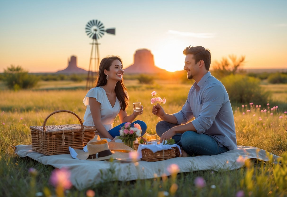 A young couple enjoying a picnic together outdoors at sunset in a park with natural greenery and distant red rock formations.