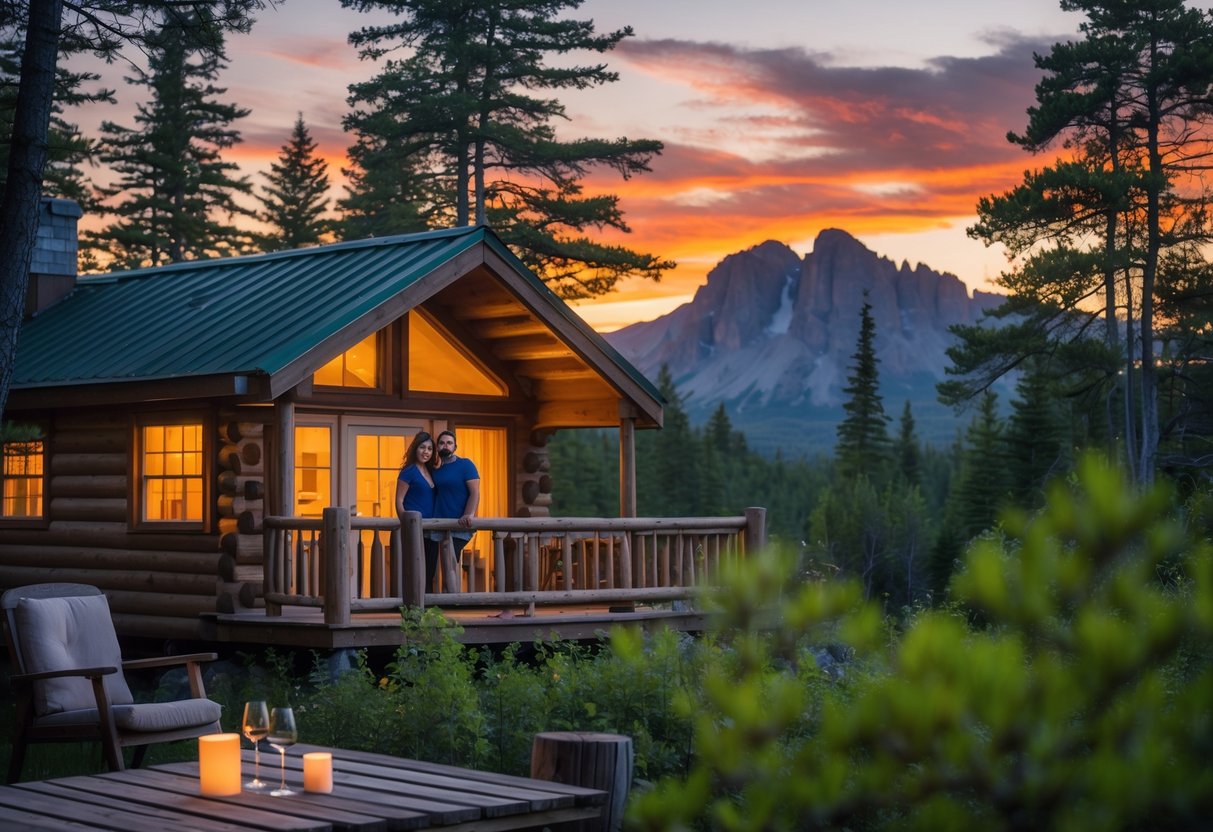 A cozy wooden cabin surrounded by pine trees at sunset with a small table set for two on a deck, overlooking mountains and greenery.