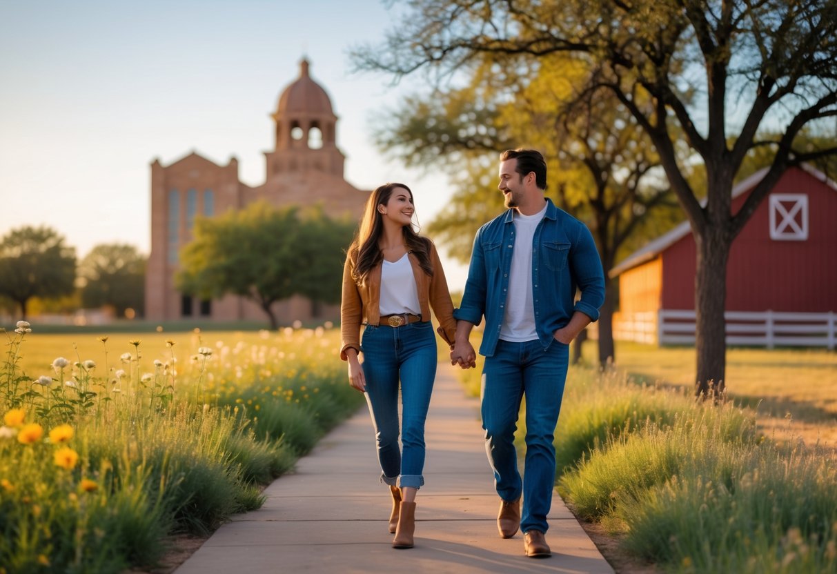 A couple walking hand-in-hand outdoors on a sunny day with Texas wildflowers and local landmarks in the background.