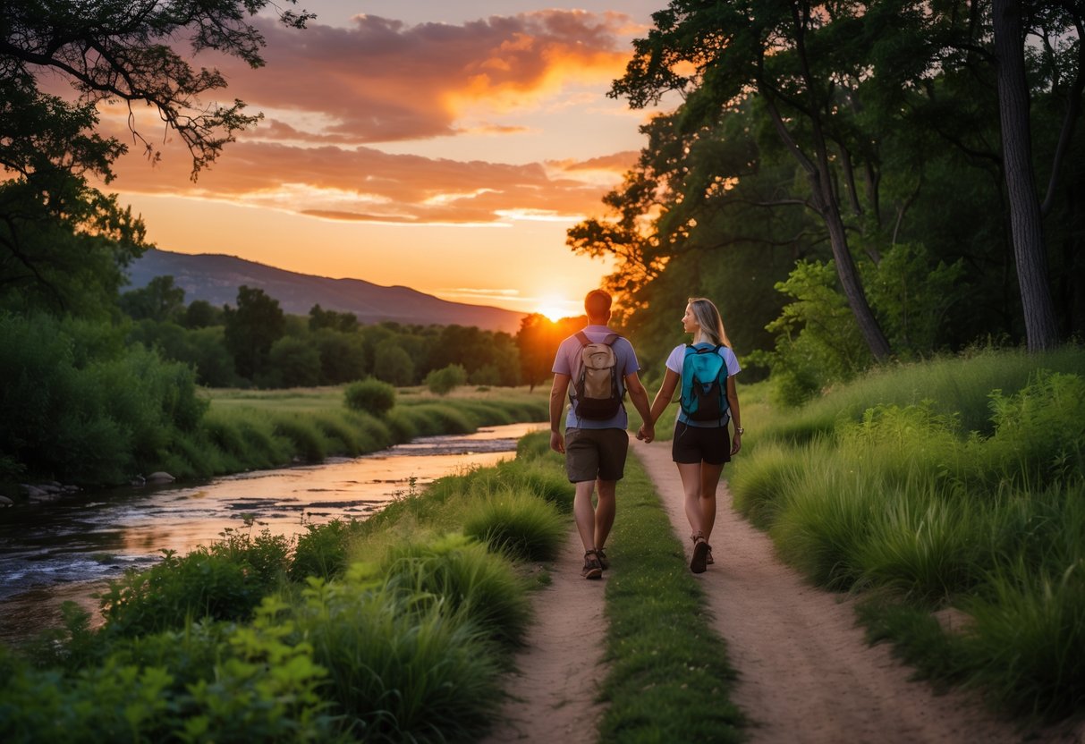 A couple walking hand-in-hand on a forest trail during sunset with colorful sky and trees surrounding them.