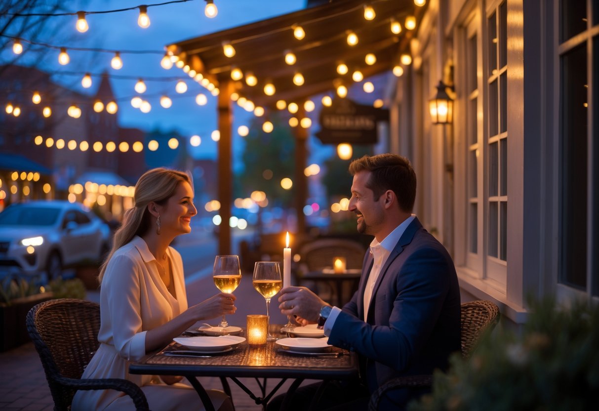 A couple enjoying a romantic dinner at an outdoor patio in Littleton with string lights and a candlelit table.