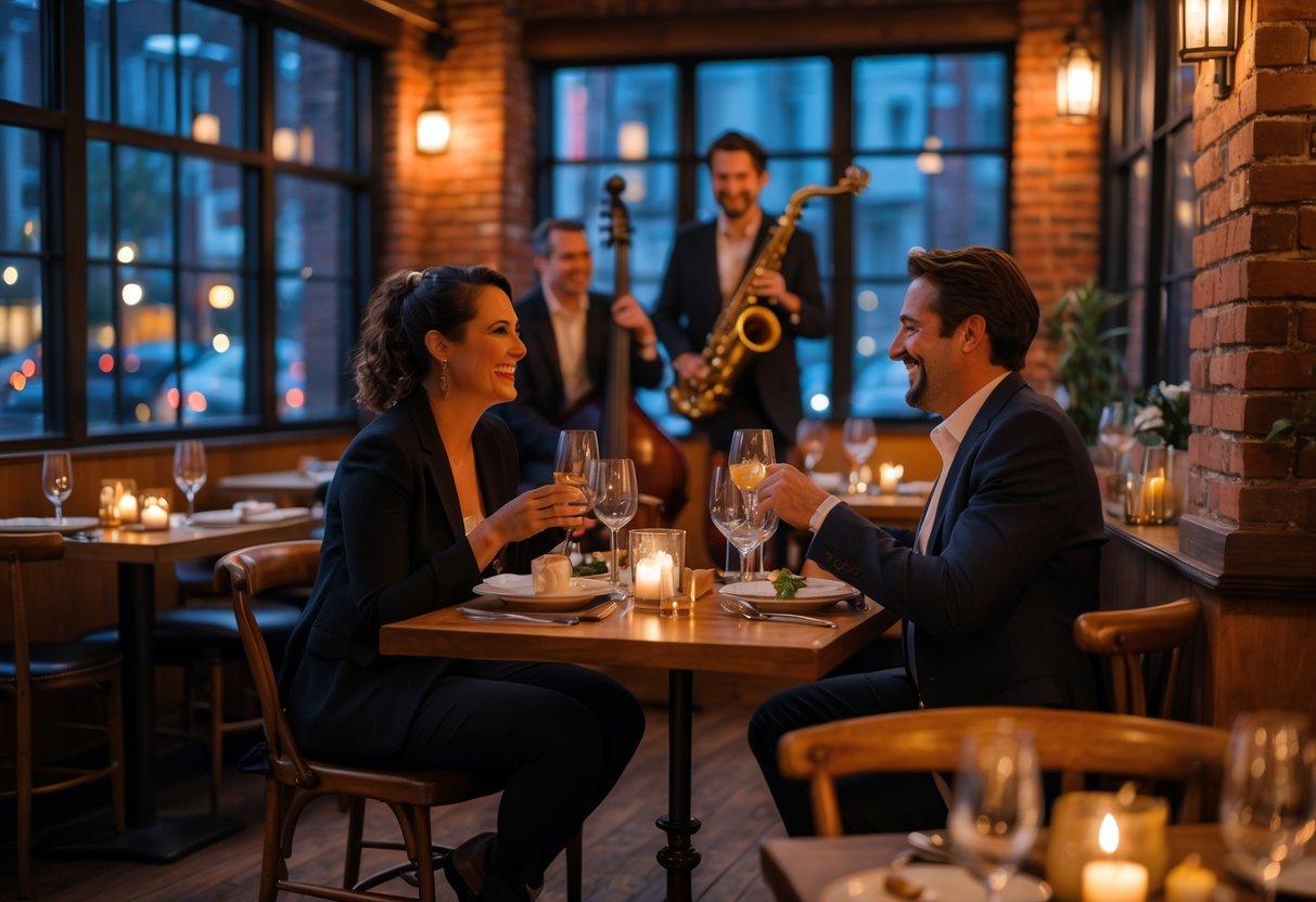 A couple enjoying dinner at a restaurant with live jazz musicians playing in the background.
