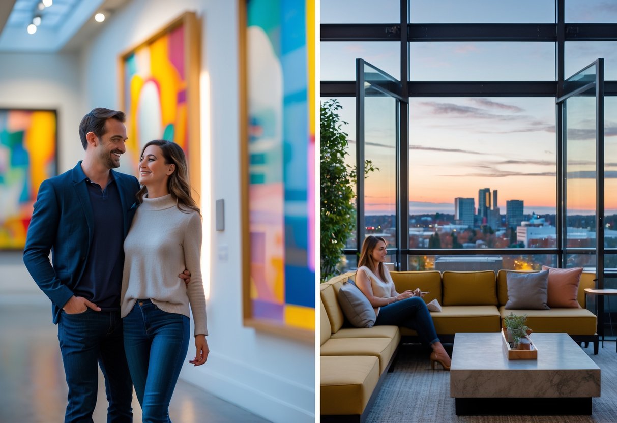 A couple enjoying art inside a museum and relaxing together on a rooftop lounge with city views.