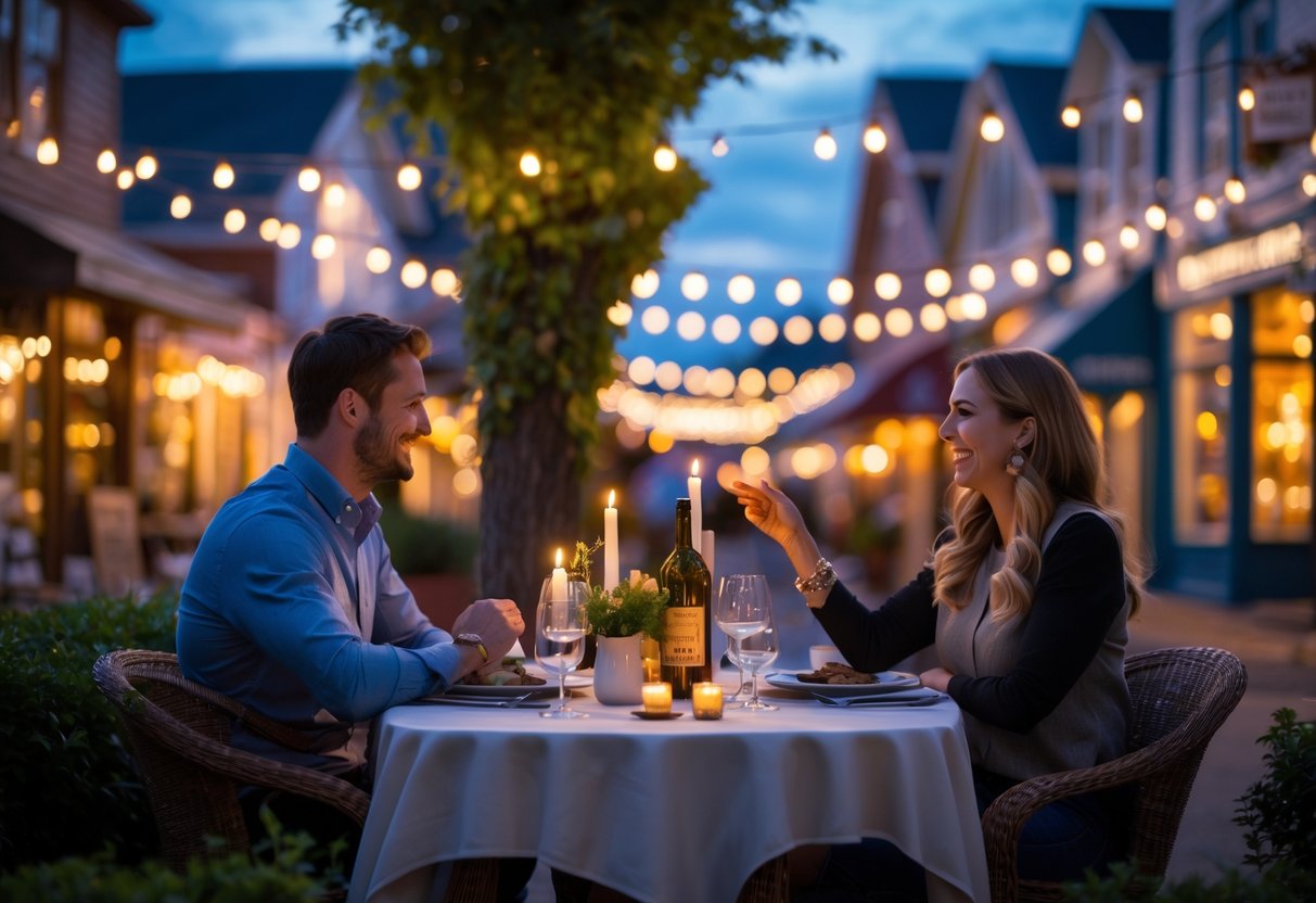 A couple enjoying a romantic outdoor dinner at dusk with string lights and greenery in a small town setting.