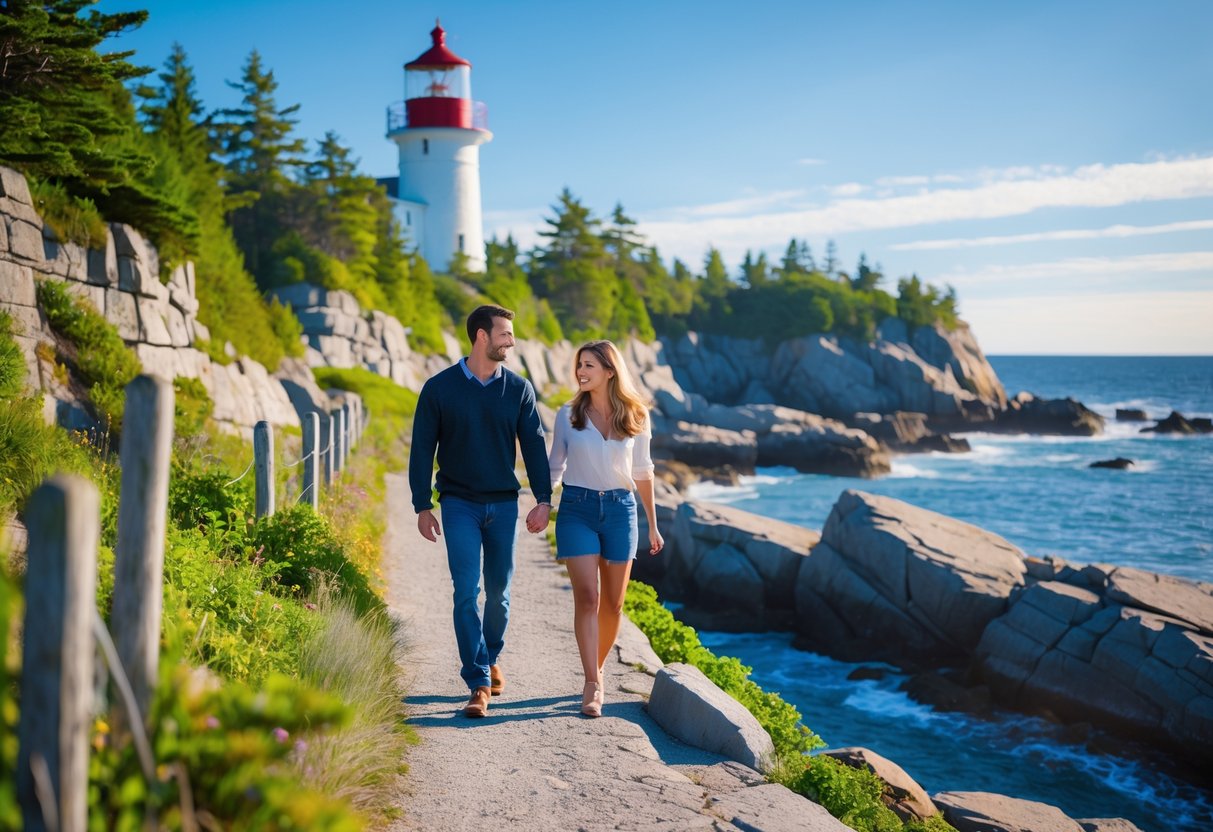 A couple walking hand in hand along a coastal path near a lighthouse on a sunny day.