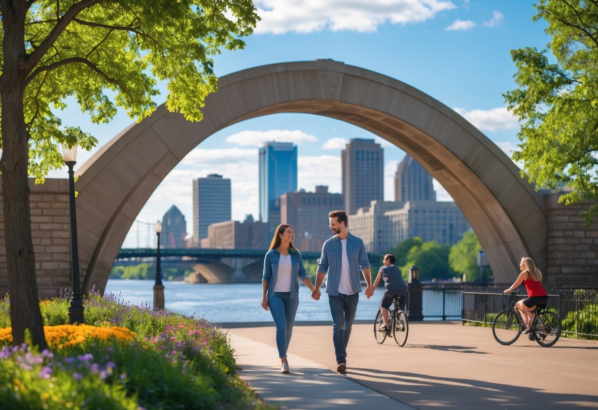 A young couple walking hand in hand on a bridge in Minneapolis with the city skyline and river in the background.