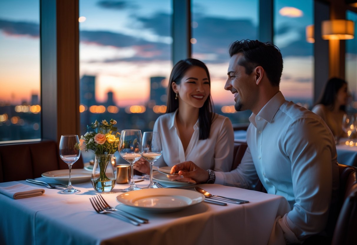 A couple enjoying a romantic dinner at a restaurant with a city view through a large window.