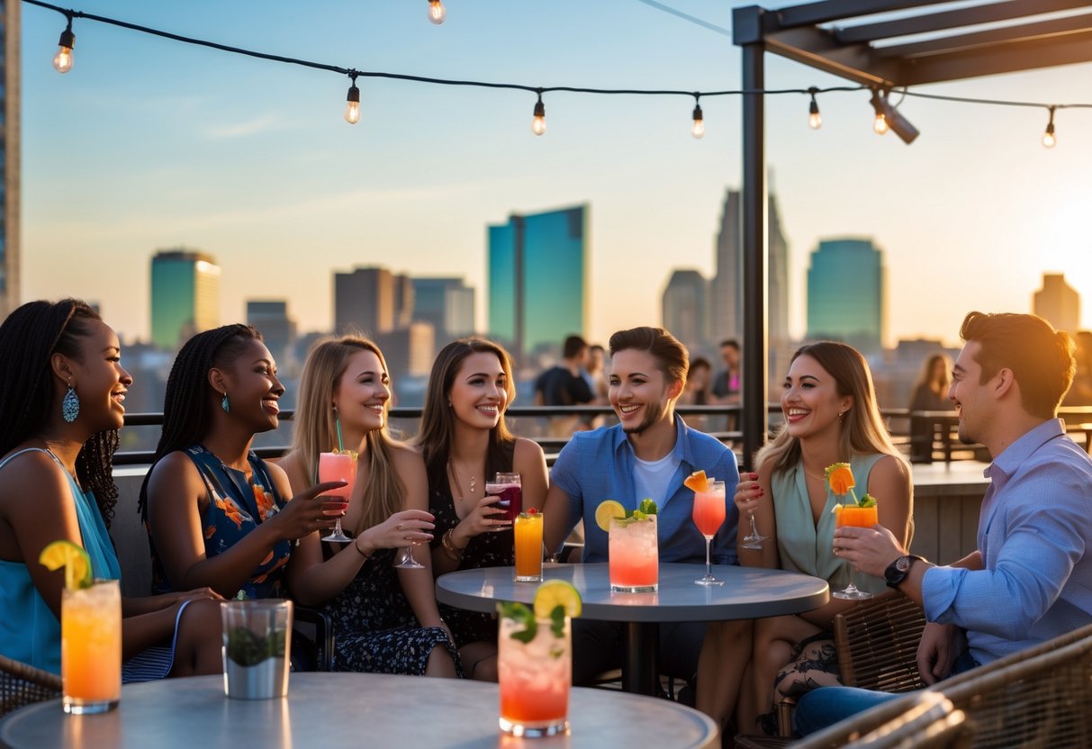 People enjoying drinks and conversation on a rooftop bar with the Minneapolis skyline in the background.