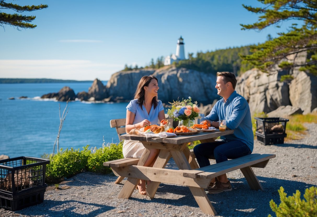 A couple sitting at a picnic table near rocky coastline with ocean and lighthouse in the background, enjoying a meal outdoors surrounded by pine trees.