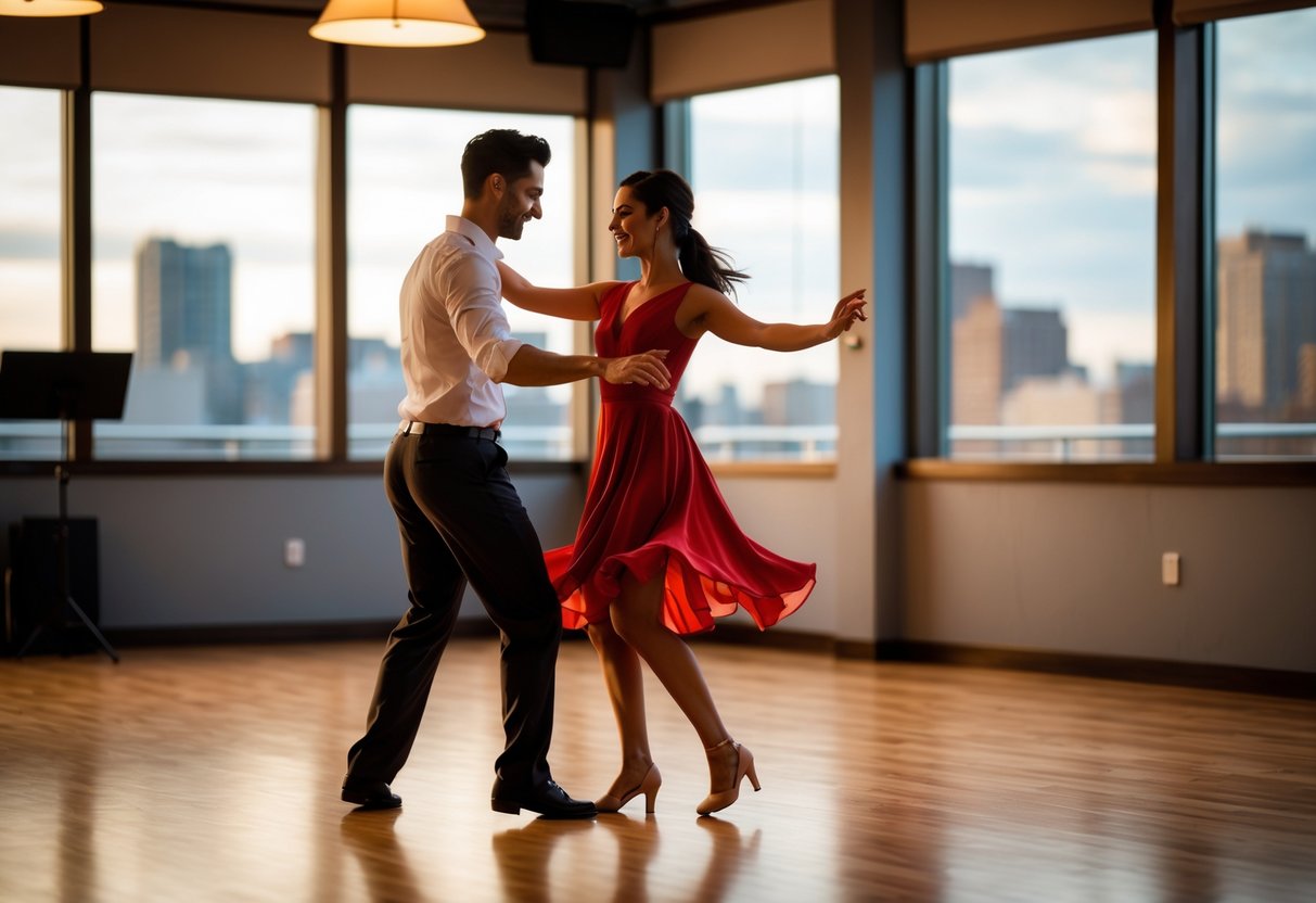 A couple having a private salsa dancing lesson in a dance studio with large windows overlooking a cityscape.