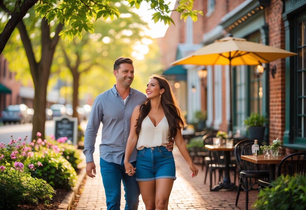 A couple enjoying a sunny outdoor date in a green park area with trees and historic buildings in the background.