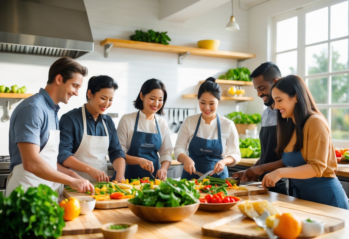 Couples cooking together in a bright kitchen, preparing fresh ingredients and smiling.
