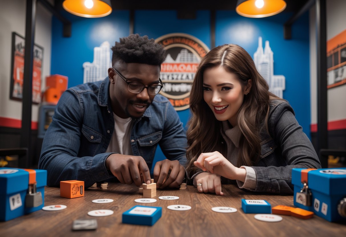 A young couple solving puzzles together inside an escape room during a date.