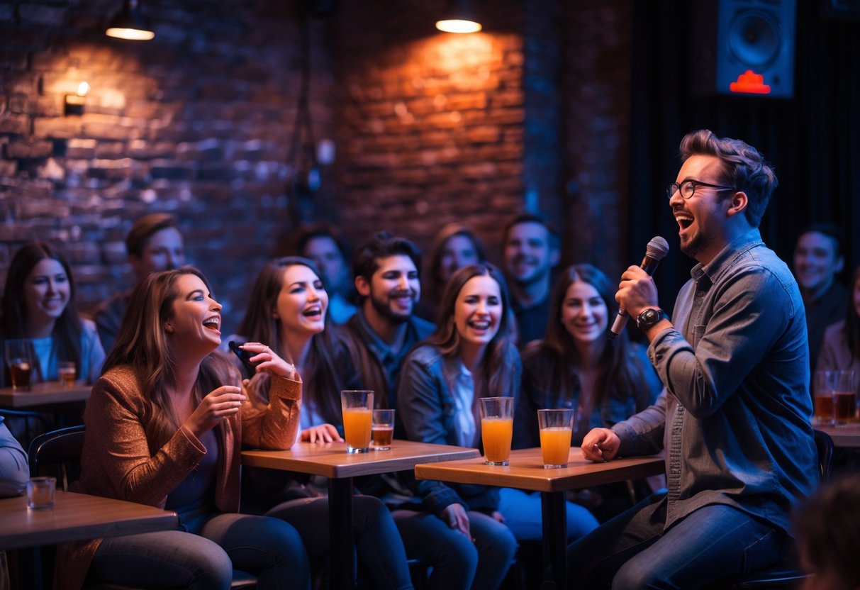 Couples and friends enjoying a stand-up comedy show at a cozy comedy club with a comedian performing on stage.