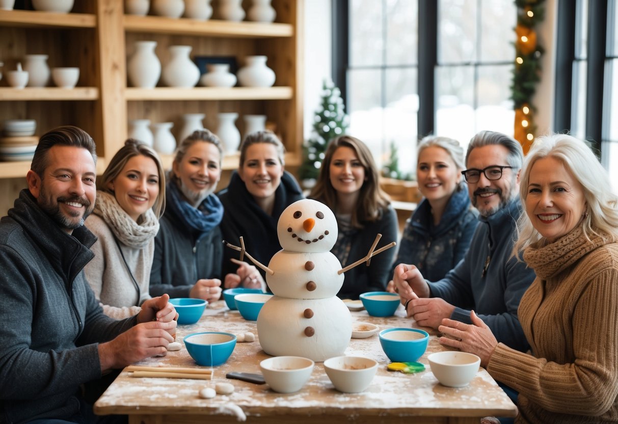 A group of adults making small clay snowmen together at a wooden table in a bright art studio.