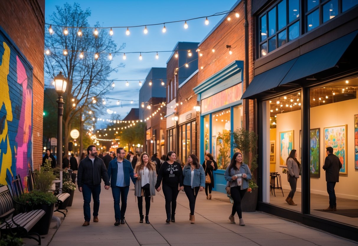 Couples and groups enjoying an art crawl evening with colorful murals and galleries in a lively Minneapolis neighborhood.