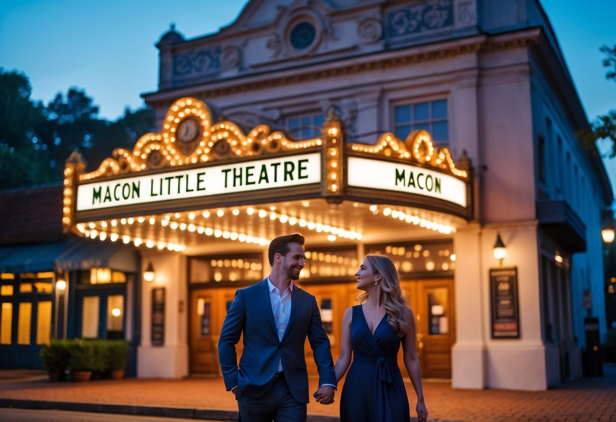 A couple holding hands and smiling outside a historic theater building at dusk.
