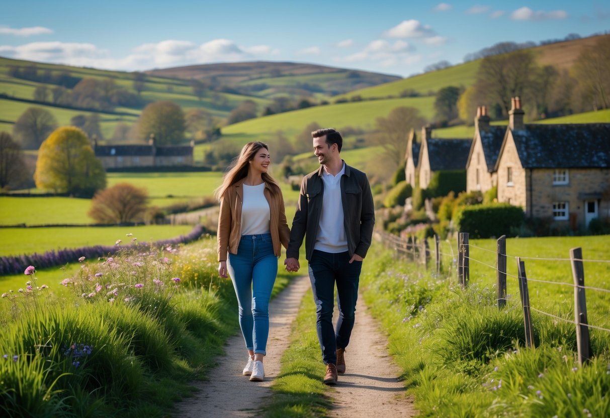 A young couple walking hand in hand along a countryside path with green fields and hills in the background.