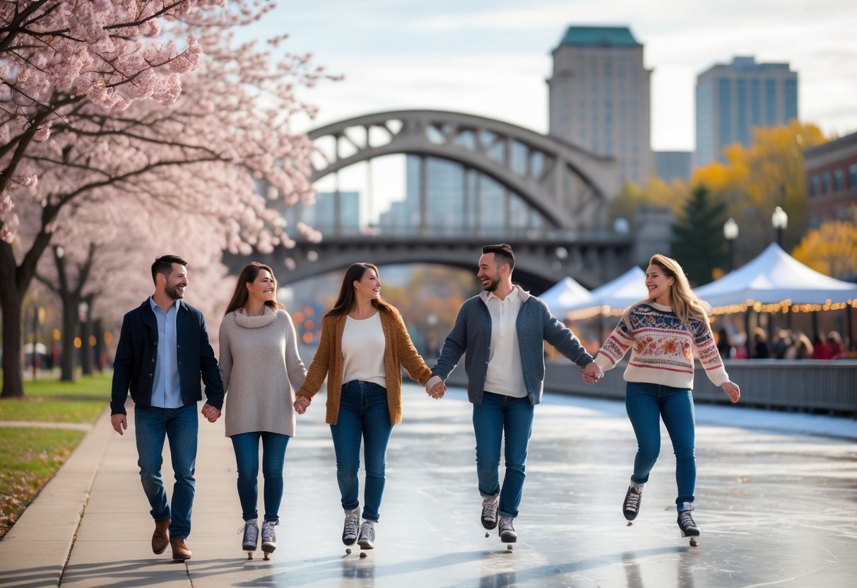 A couple enjoying seasonal date activities in Minneapolis, including walking in a park with cherry blossoms, sharing ice cream by the river, admiring fall foliage, and ice skating outdoors.