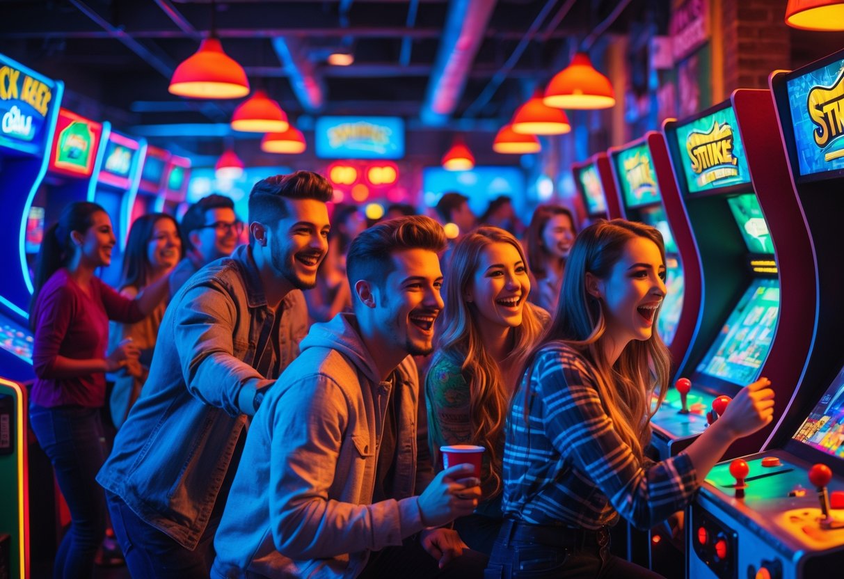 A group of young adults enjoying classic arcade games in a brightly lit retro arcade with colorful neon lights.