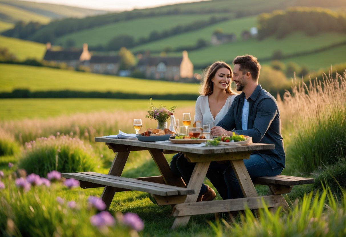 A couple enjoying a picnic together outdoors in a green countryside setting with rolling hills in the background.