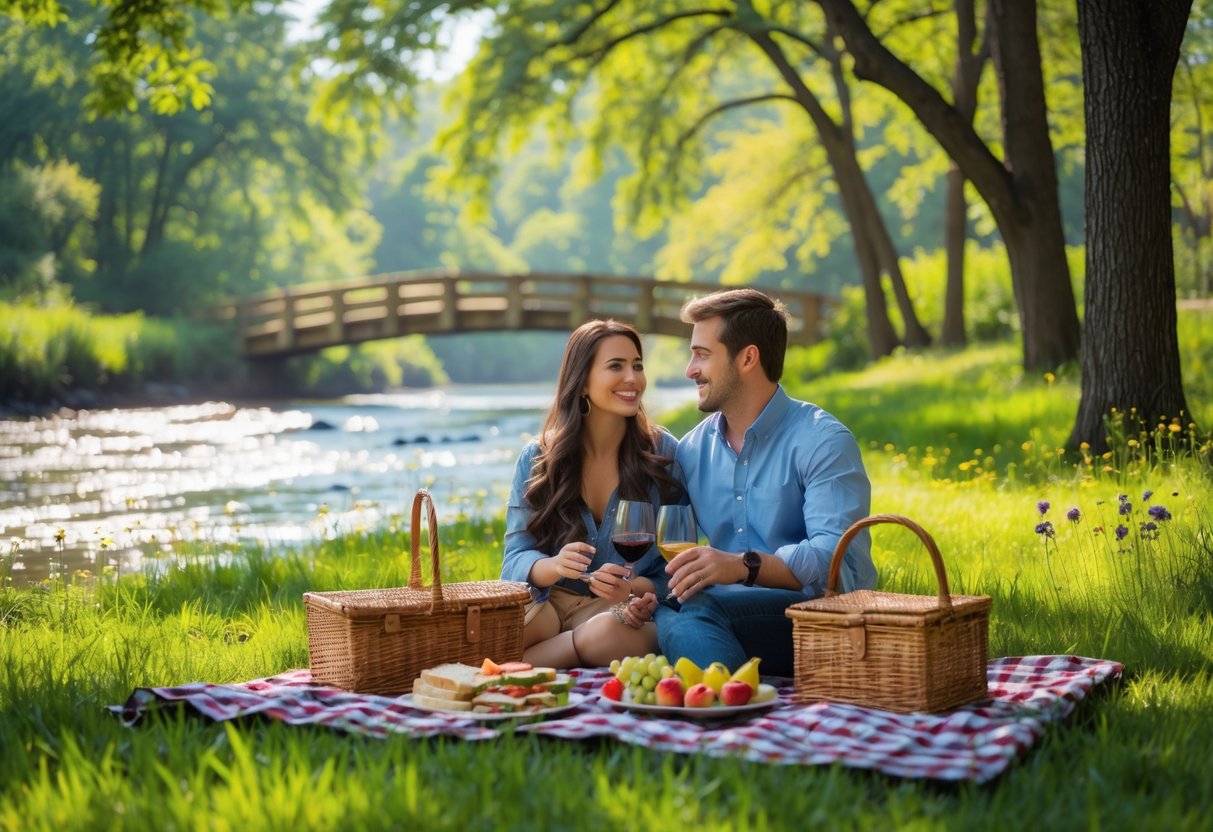 A young couple enjoying a picnic on a blanket near a river in a green park with trees and a wooden footbridge in the background.